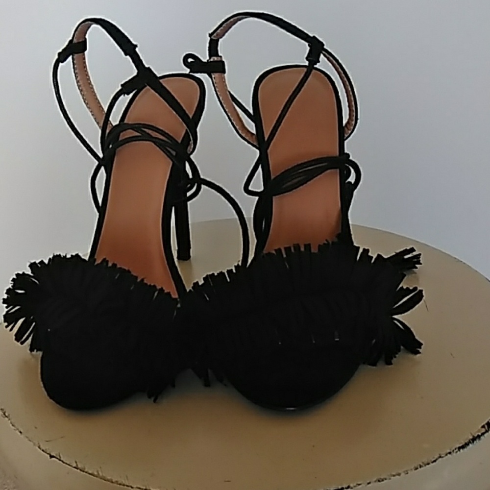 Black pom pom open-toe stiletto heels